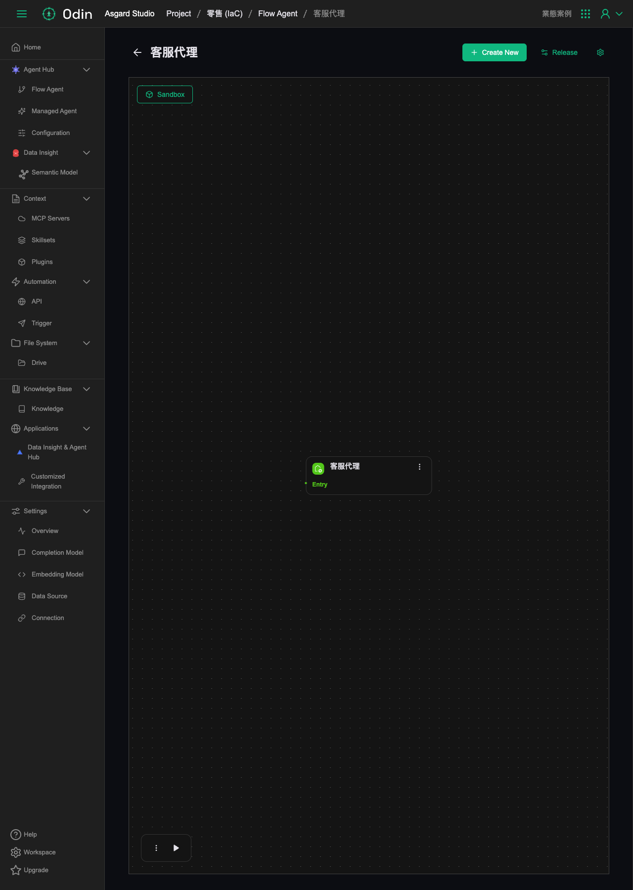 客服代理的視覺化 Workflow，Entry → Init → Agent → Listen 四個節點，Agent 失敗時走 Error 分支