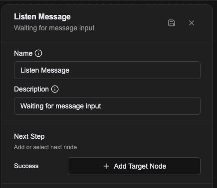 Listen Message 的屬性面板：只有 Name 與 Description，沒有 Properties 區塊