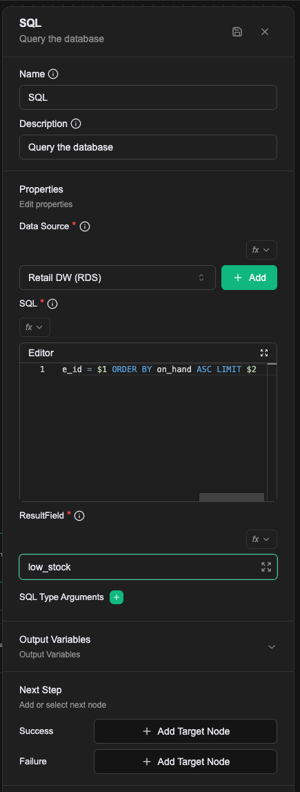 填好的面板：Data Source 選了 Retail DW (RDS)，SQL 編輯器裡是查詢語句，ResultField 是 low_stock