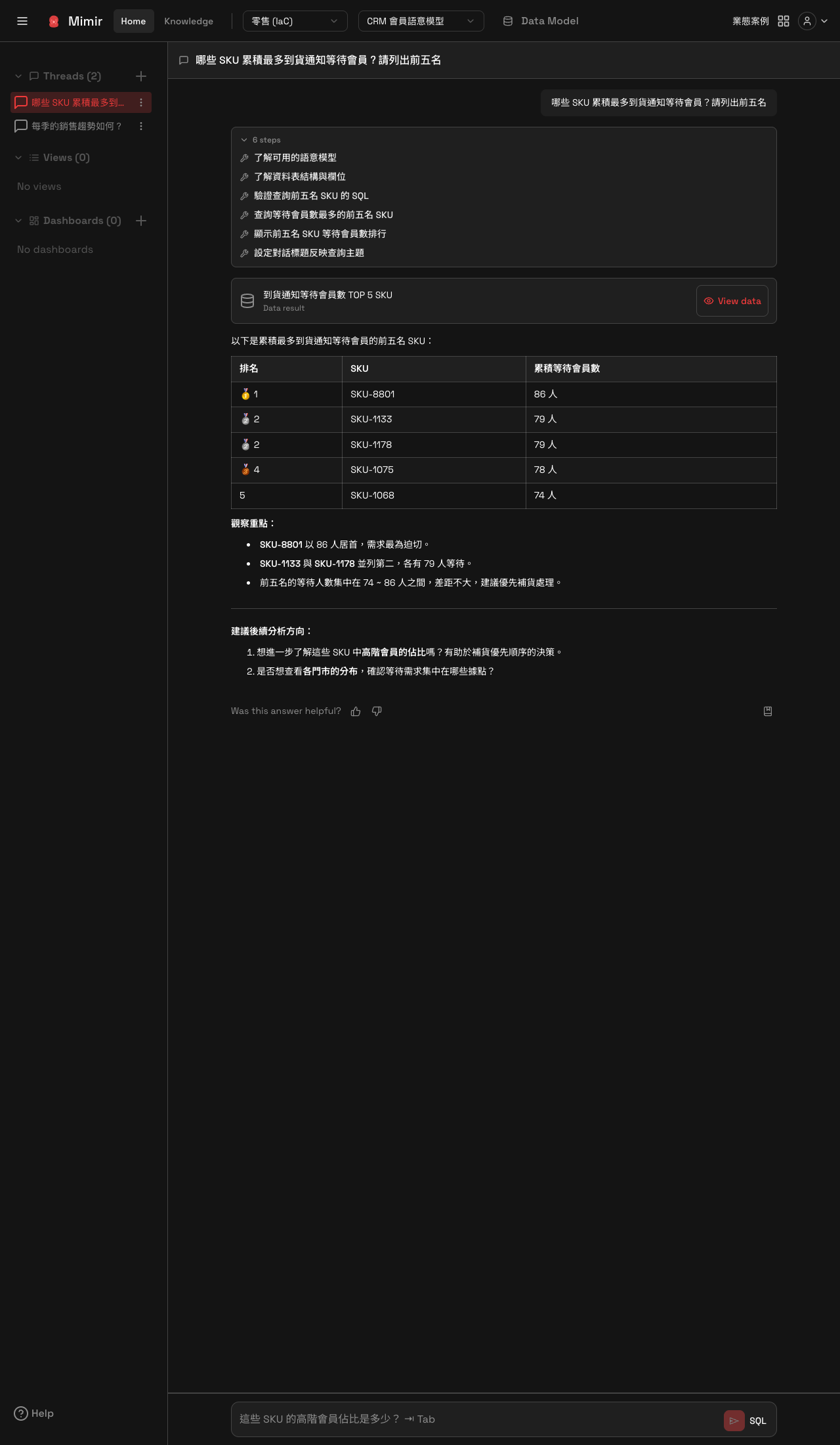 A finished Thread: execution steps, the Data result card, the conclusion and follow-up suggestions