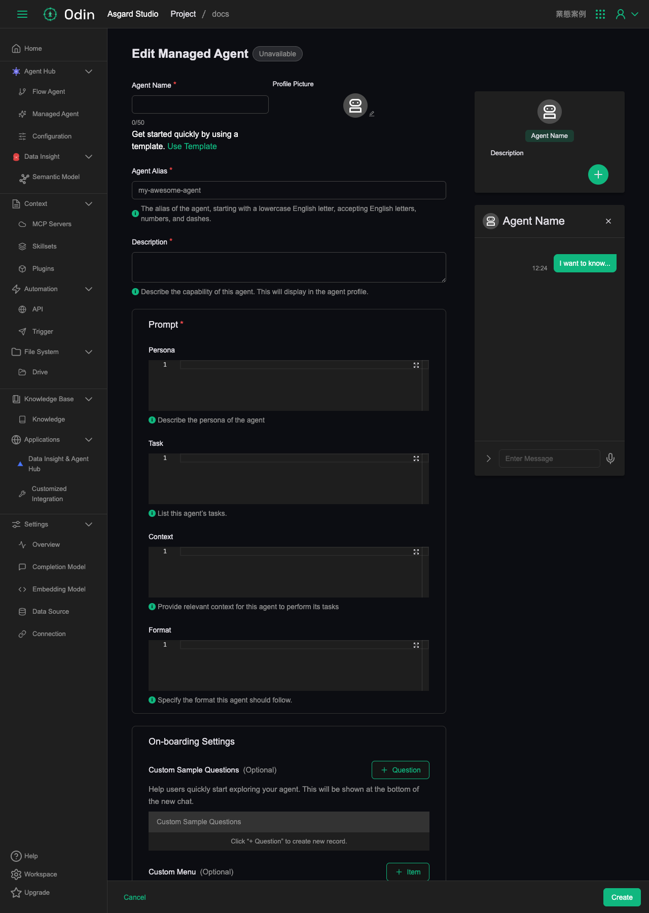 New Managed Agent form, with Agent Alias, Description and Prompt (Persona/Task/Context/Format) fields, and a live preview on the right