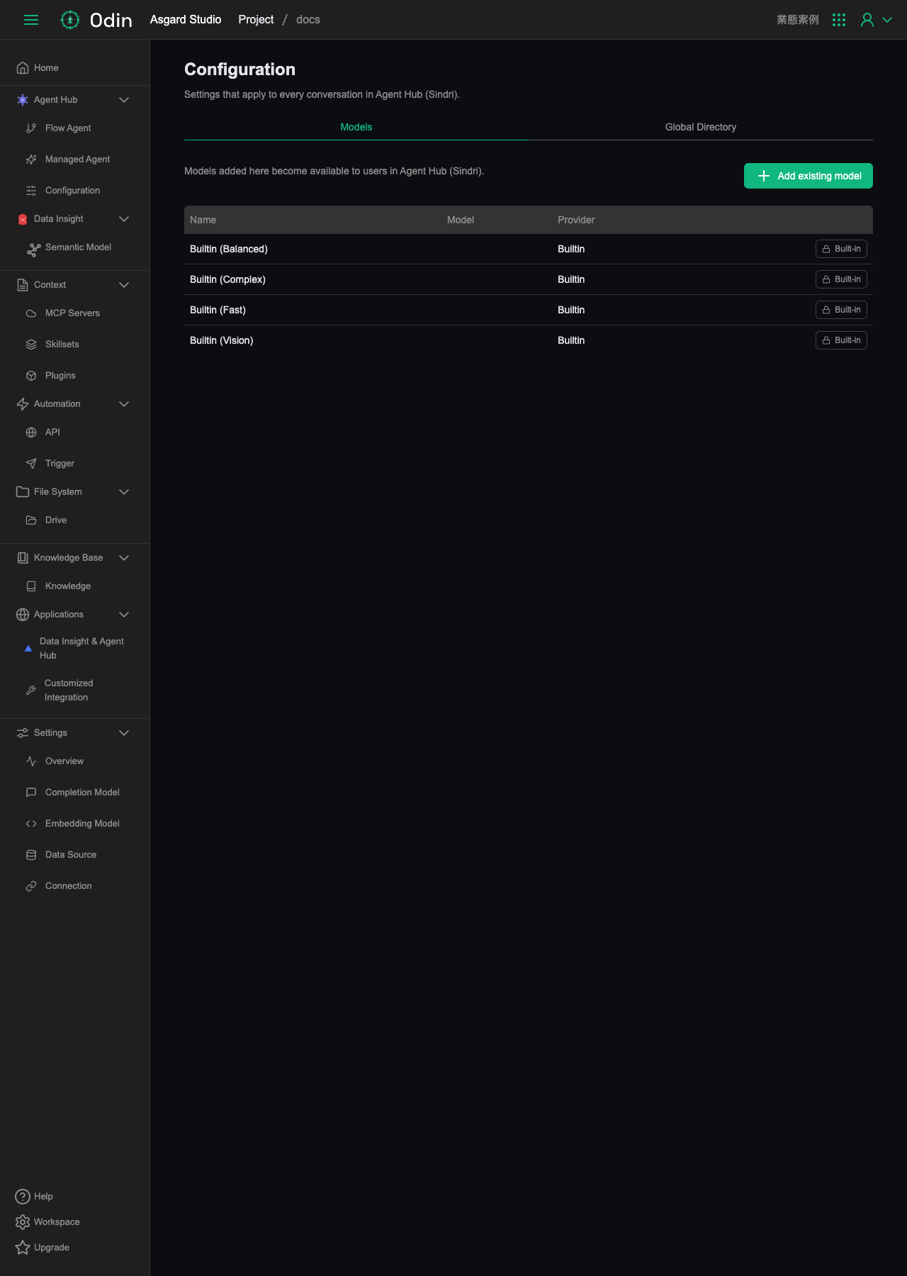 Configuration page, Models tab, listing the four built-in models