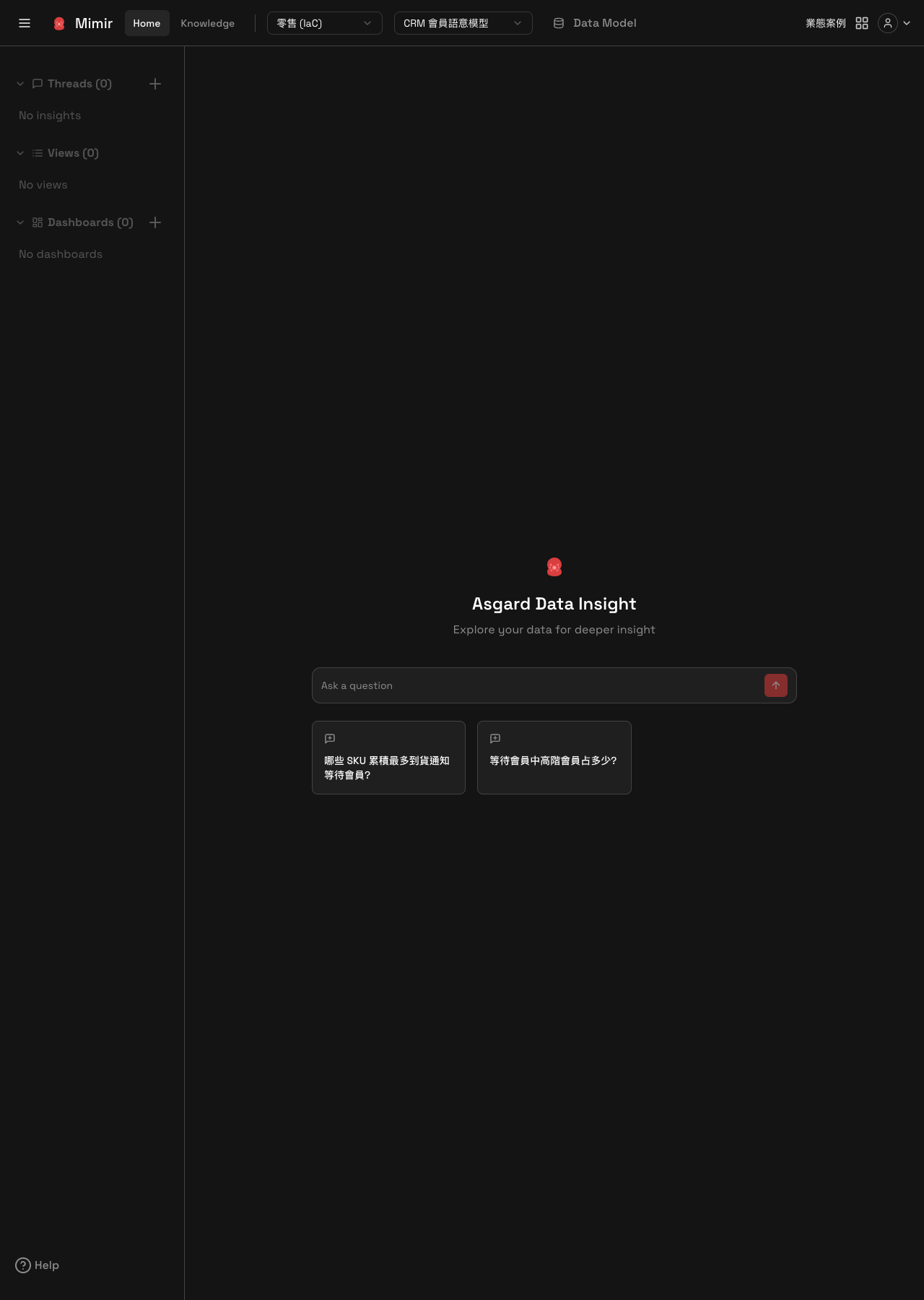 Mimir project home: Threads, Views and Dashboards in the sidebar, with the question box and suggested questions in the centre
