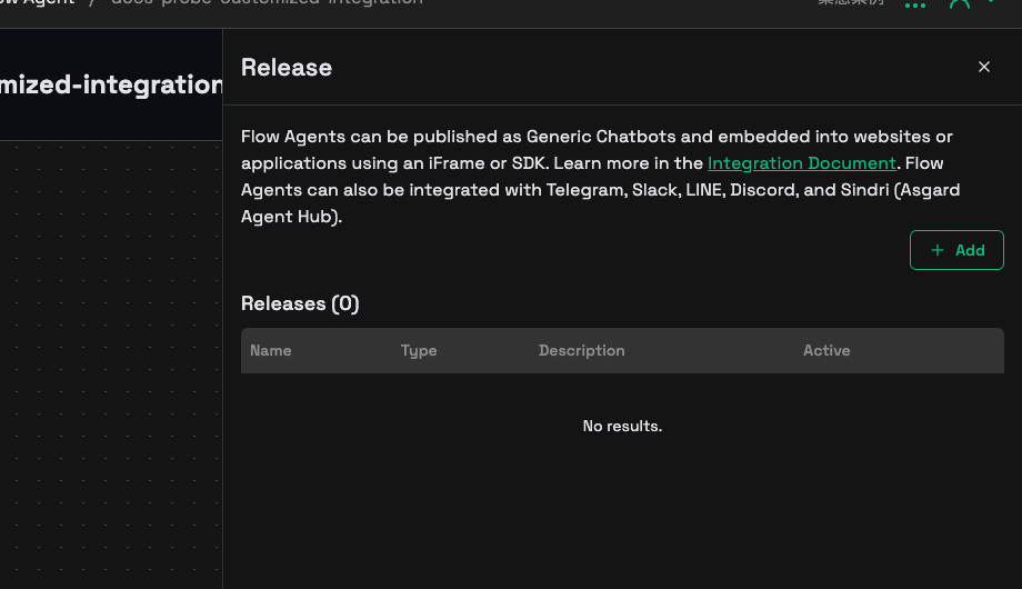 The Release panel, describing the six integration types it can publish to, with an Add button and the Releases table