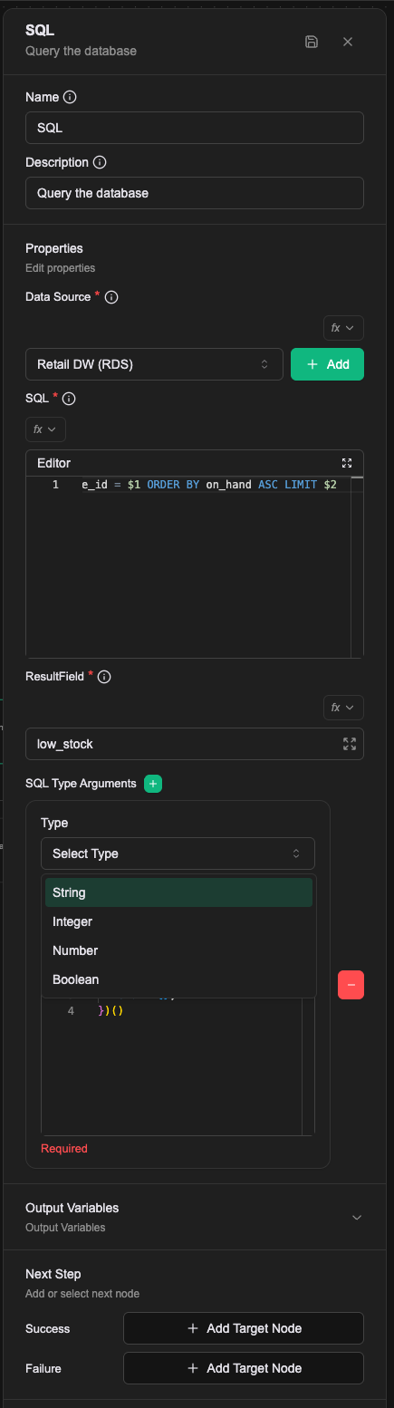 The Type dropdown open, offering String, Integer, Number and Boolean