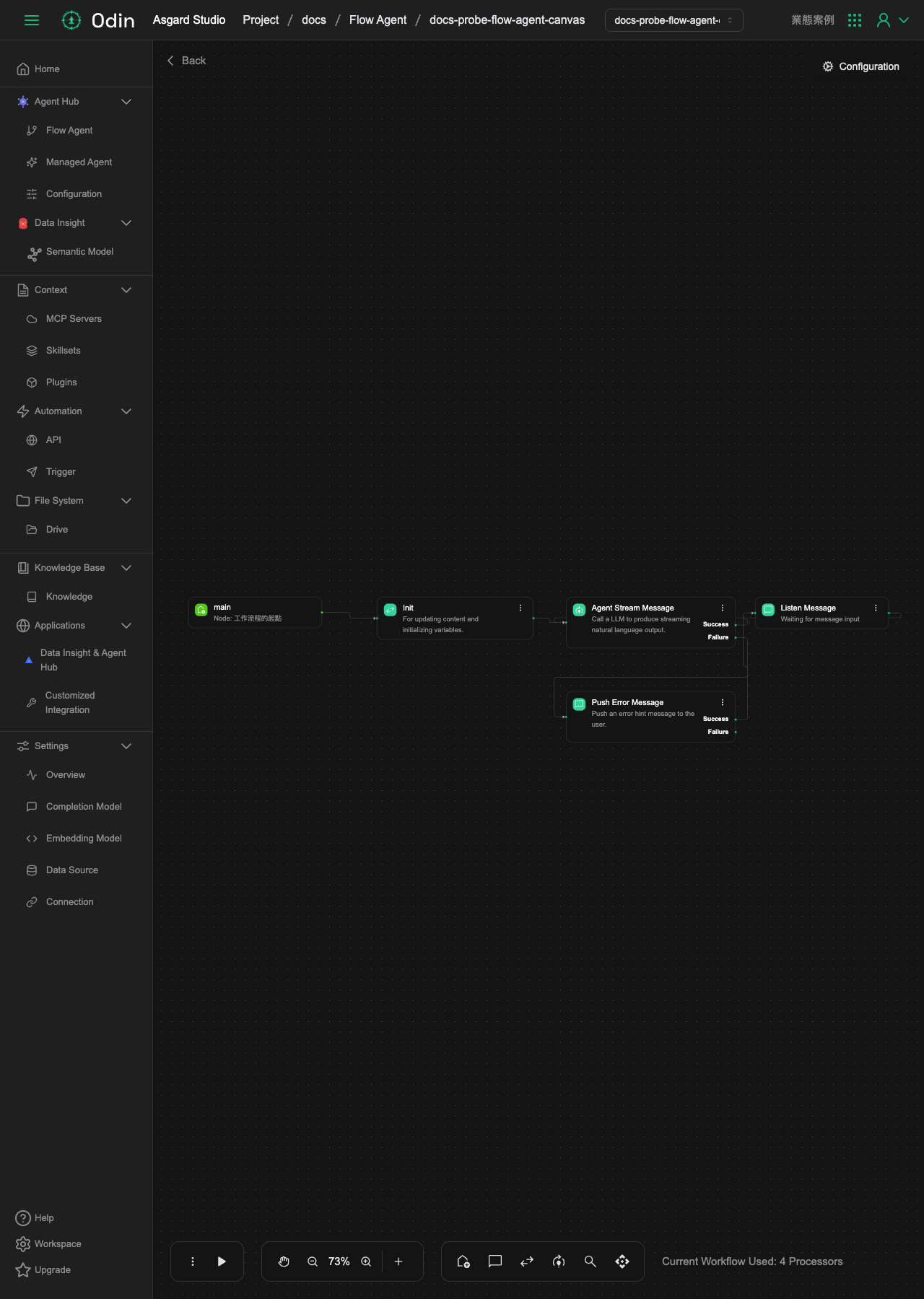 The workflow canvas, with the five default nodes main, Init, Agent Stream Message, Listen Message and Push Error Message