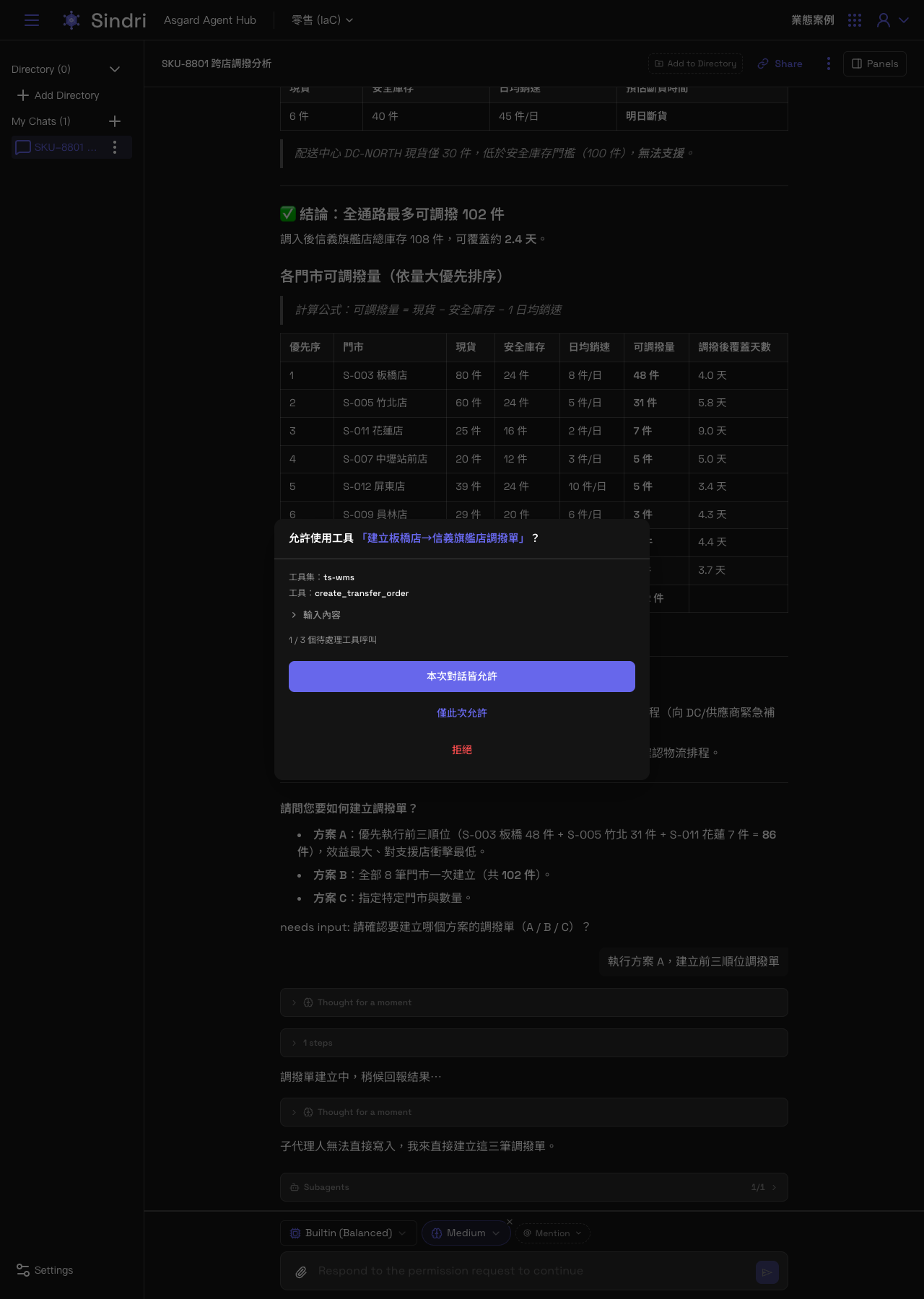承認ダイアログ。板橋店→信義旗艦店の移動伝票を作成するツールの使用を許可する画面。ツールセット、ツール名、未処理の呼び出し数が表示される