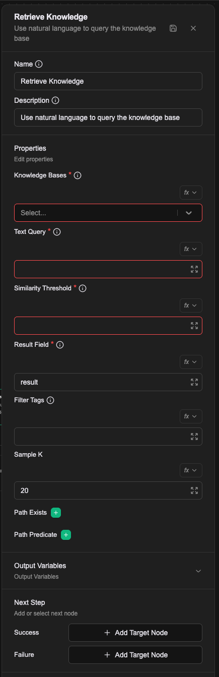 Retrieve Knowledge のプロパティパネル。Knowledge Bases、Text Query、Similarity Threshold など