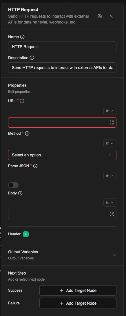 HTTP Request のプロパティパネル。URL、Method、Parse JSON、Body、Header
