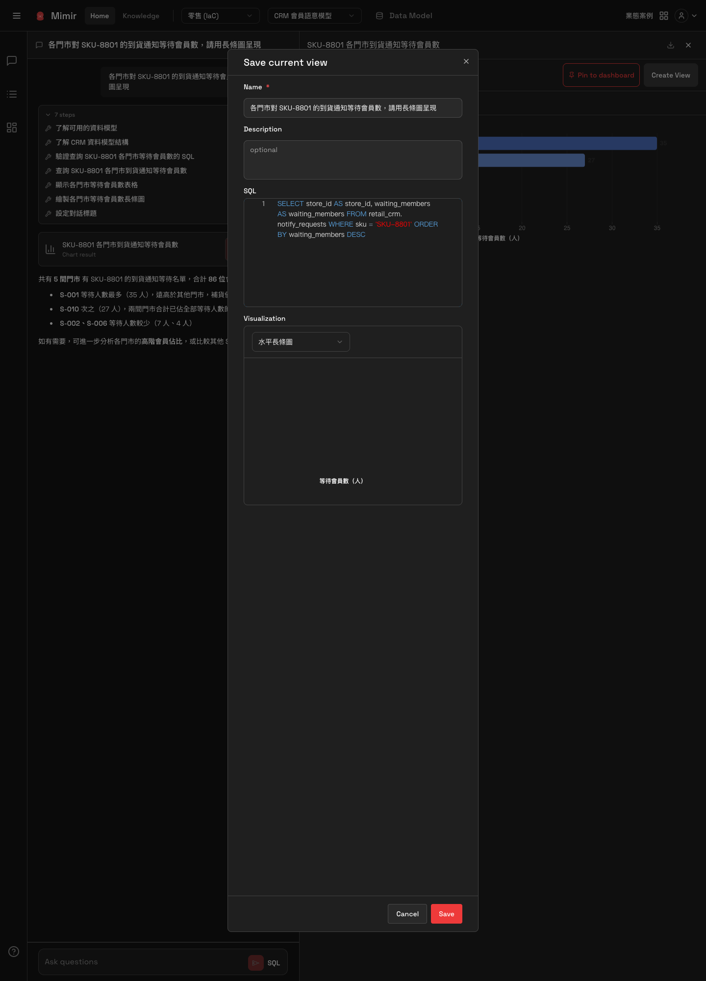 Save current view。表示形式を棒グラフに設定し、SQL とともに保存