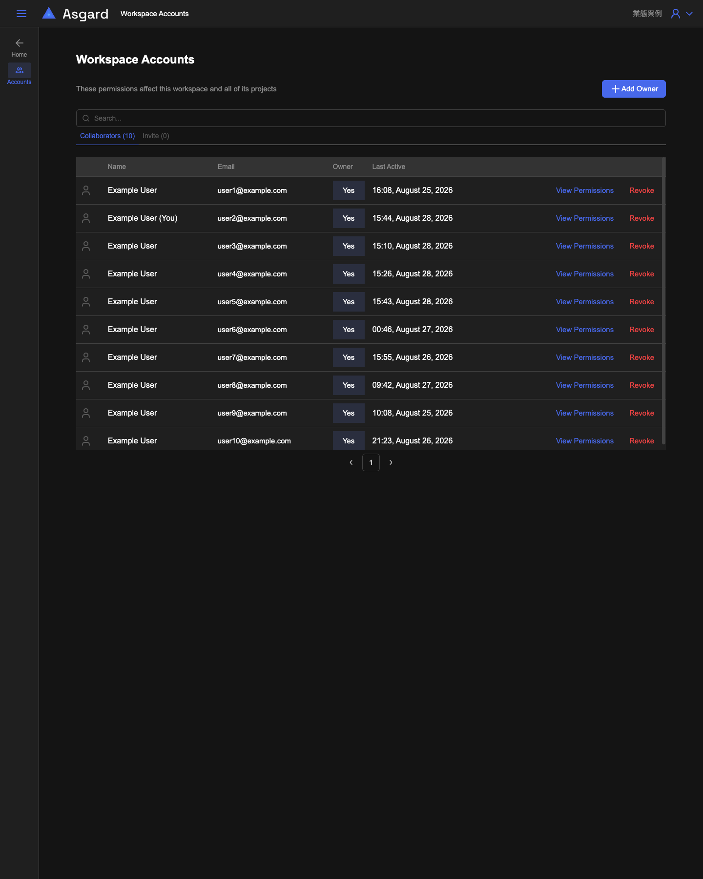 Workspace Accounts：Collaborators タブ、Owner 列、各行の View Permissions と Revoke